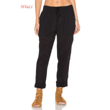 Black Cotton Drawstring Waist Beach Pants